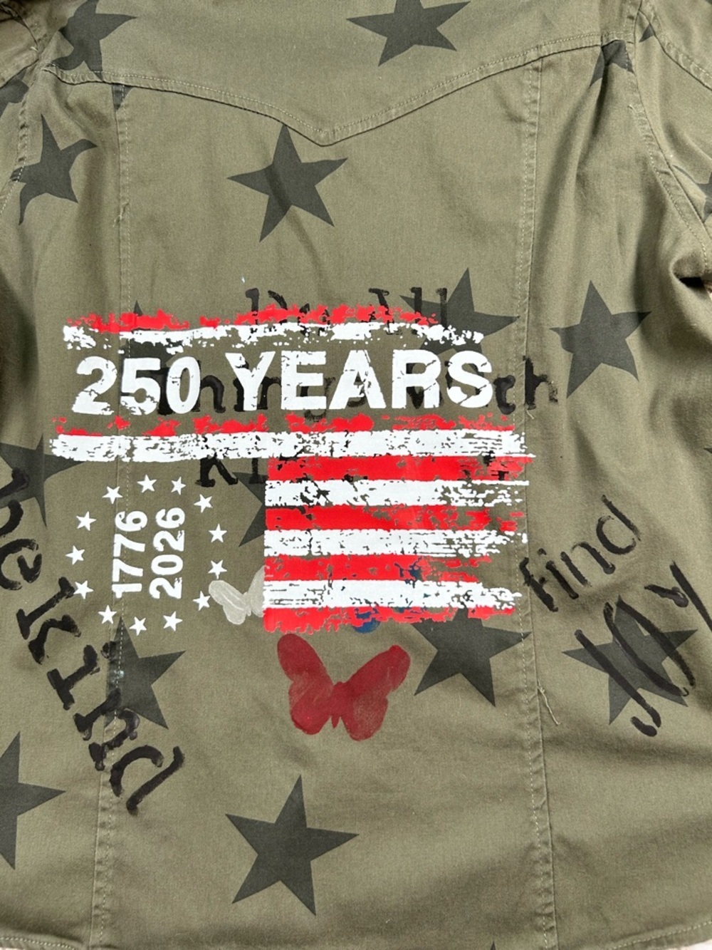 Knox Rose XL Olive Green Star Print Jacket USA Flag Patch 250 Years Graphic - Picture 15 of 15